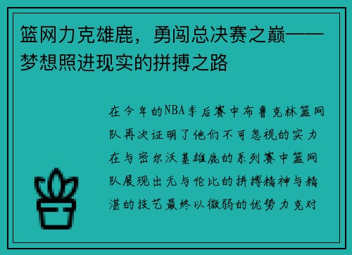 篮网力克雄鹿，勇闯总决赛之巅——梦想照进现实的拼搏之路